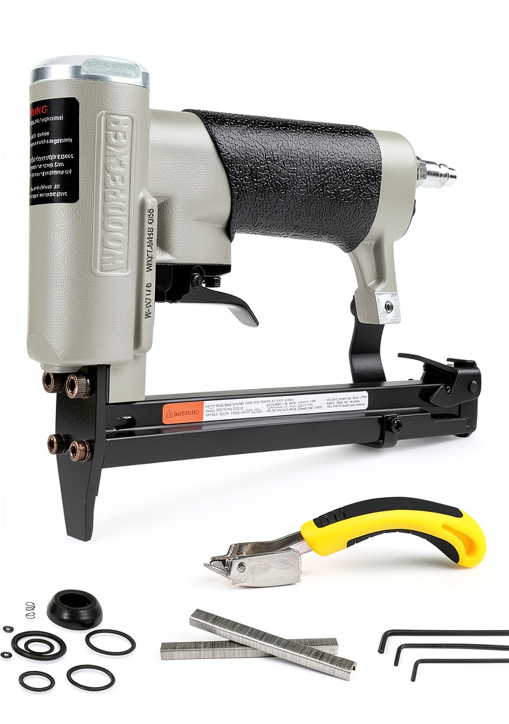 Installing Woodpecker Power Upholstery Stapler Metal Wood on a wooden workshop bench