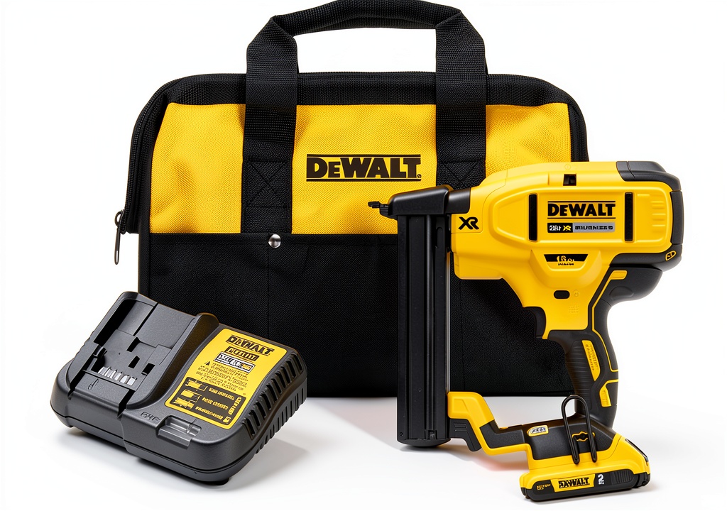 Installing DEWALT 20V MAX 18GA Stapler Kit Multi Classic on a wooden workbench