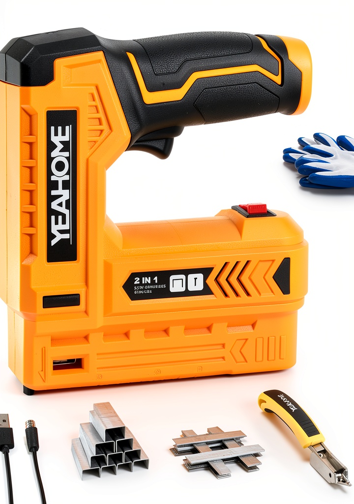 YEAHOME electric staple gun being used on a wooden chair