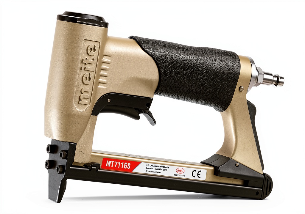 Professional using pneumatic stapler on upholstery